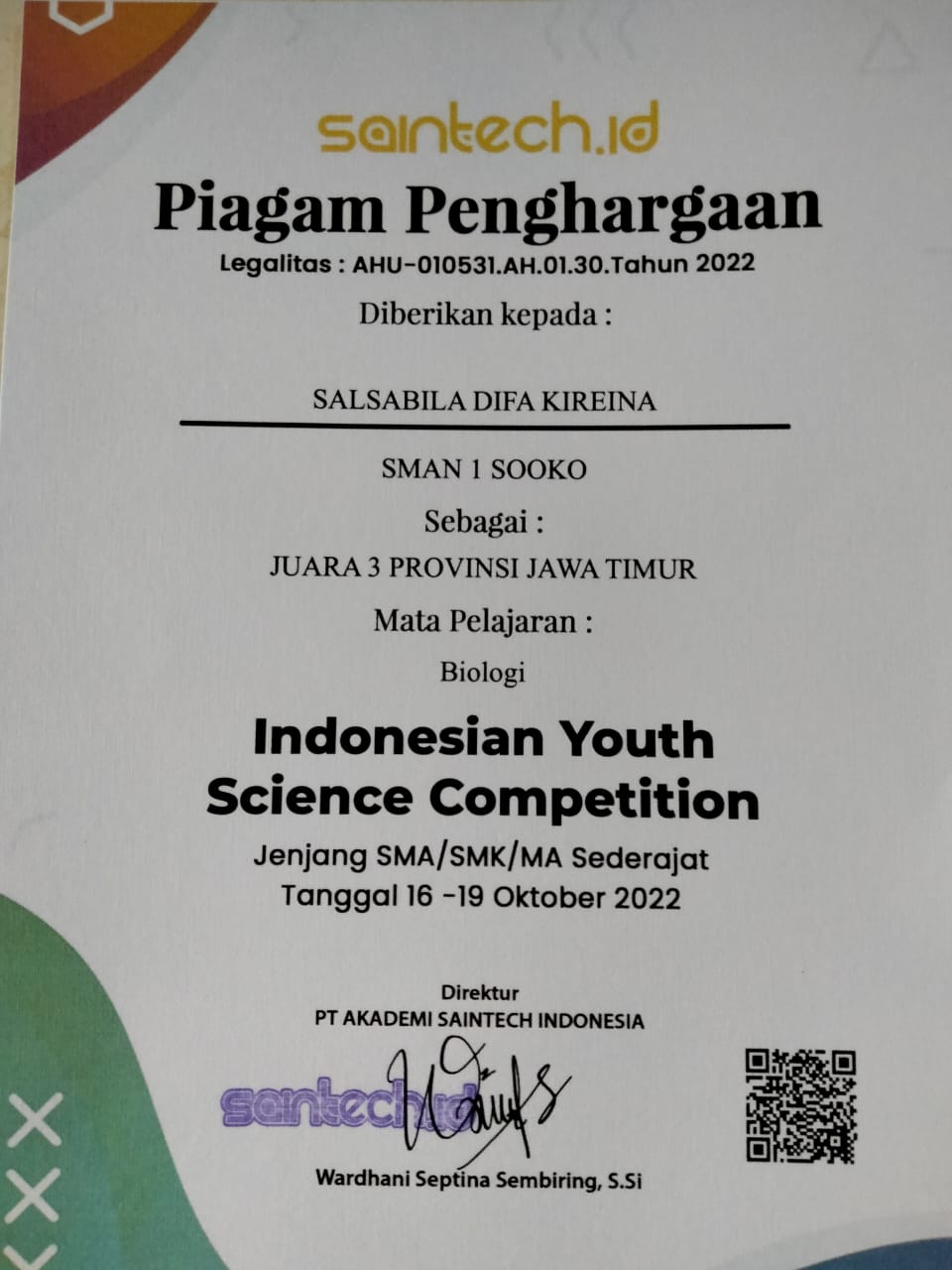 INDONESIAN YOUTH SCIENCE COMPETITION JENJANG SMA/SMK/MA SEDERAJAT MATA PELAJARAN BIOLOGI