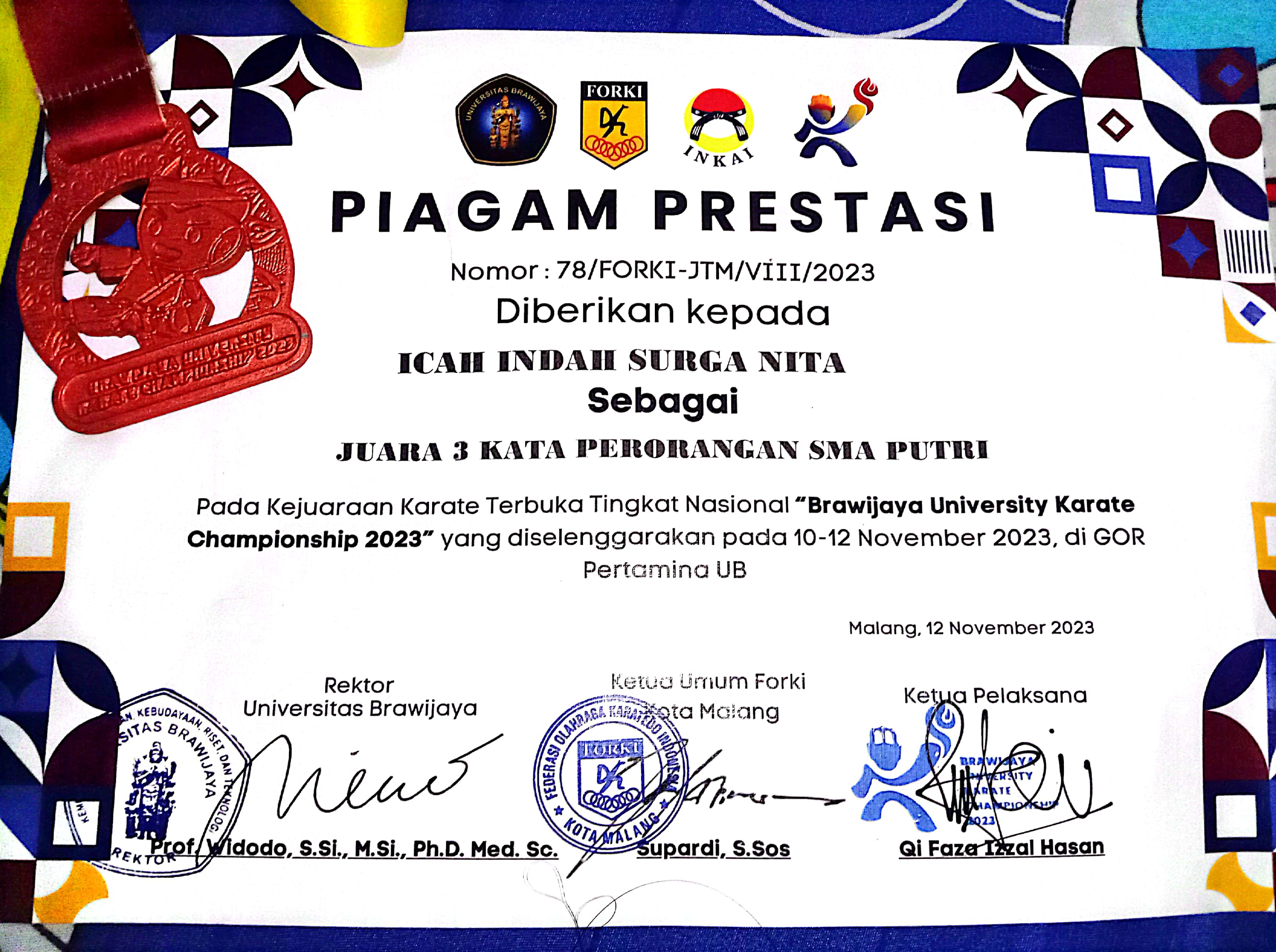 JUARA 3 KATA PERORANGAN KEJUARAAN KARATE TERBUKA TK NASIONAL \