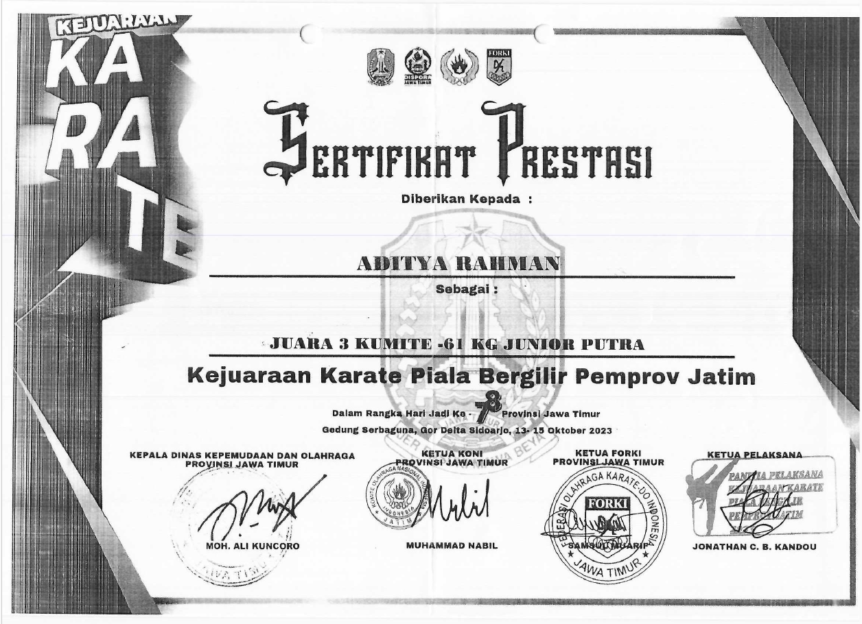 JUARA 3 KUMITE -61 KG JUNIOR PUTRA