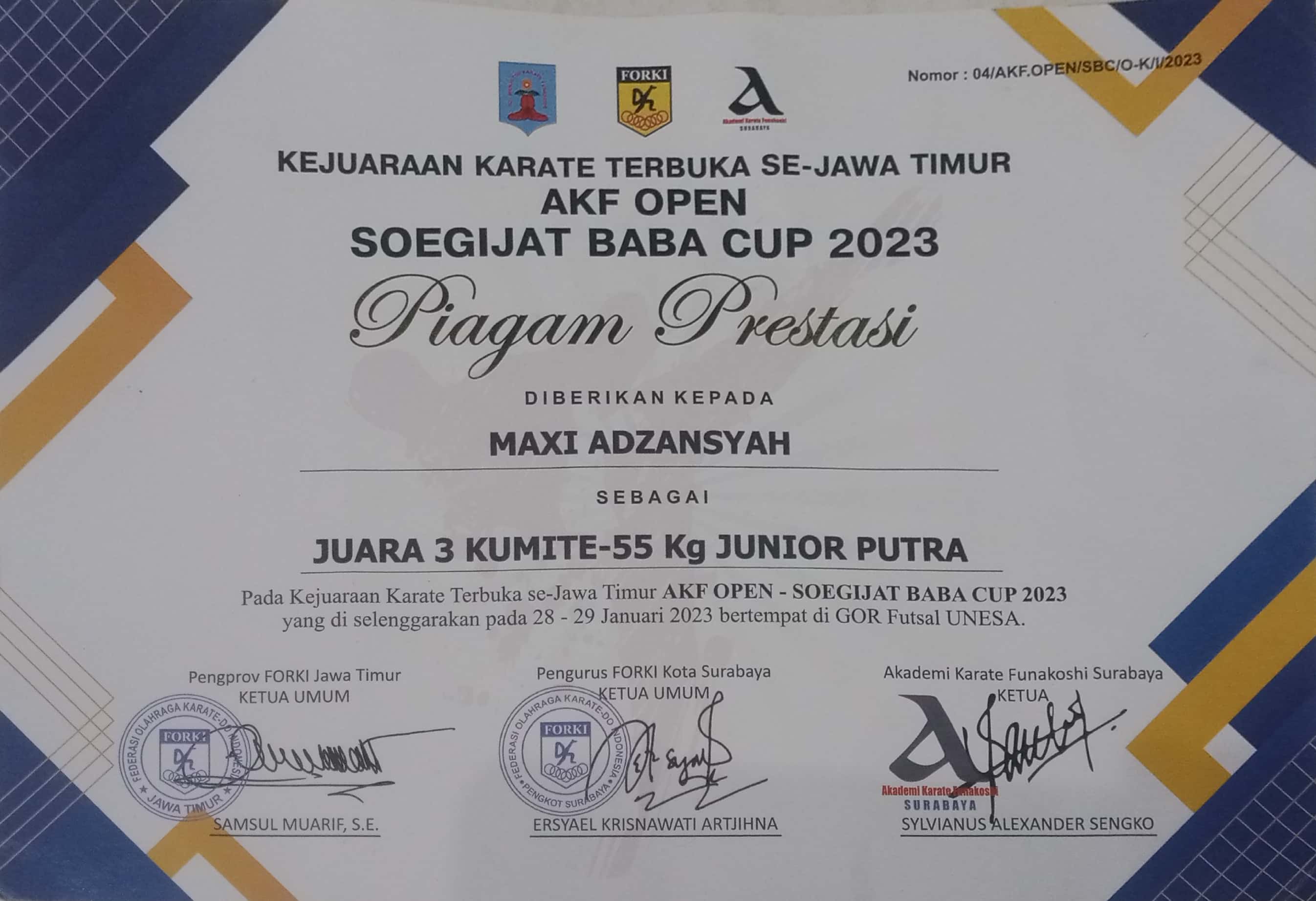 Juara 3 Kumite -55 Kg Junior Putra AKF Open - Soegijat Baba Cup 2023