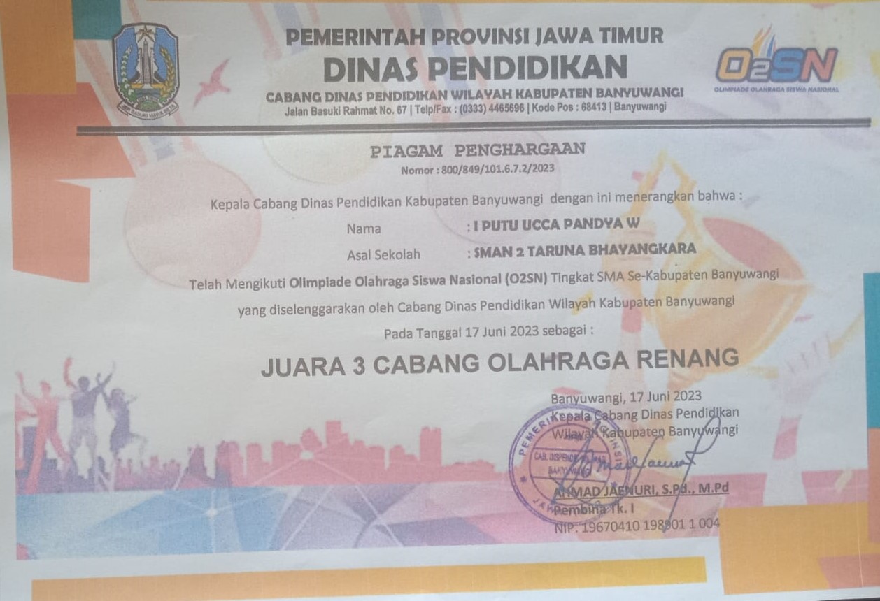 OLIMPIADE OLAHRAGA SISWA NASIONAL (O2SN) TINGKAT SMA Se-KABUPATEN BANYUWANGI CABANG OLAHRAGA RENANG