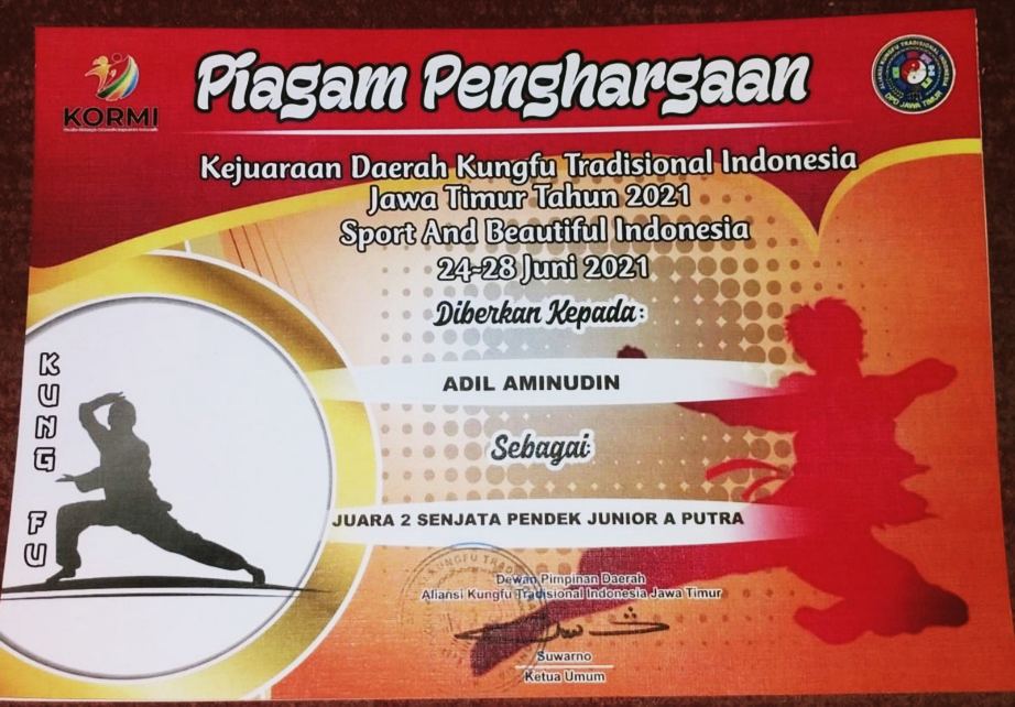 Juara 2 Senjata Pendek Junior A Putra Pada Kejuaraan Daerah Kungfu Tradisional Indonesia Jawa Timur Tahun 2021 Yang Diselenggarakan Pada Tanggal 24 Juni 2021 S/D 28 Juni 2021 