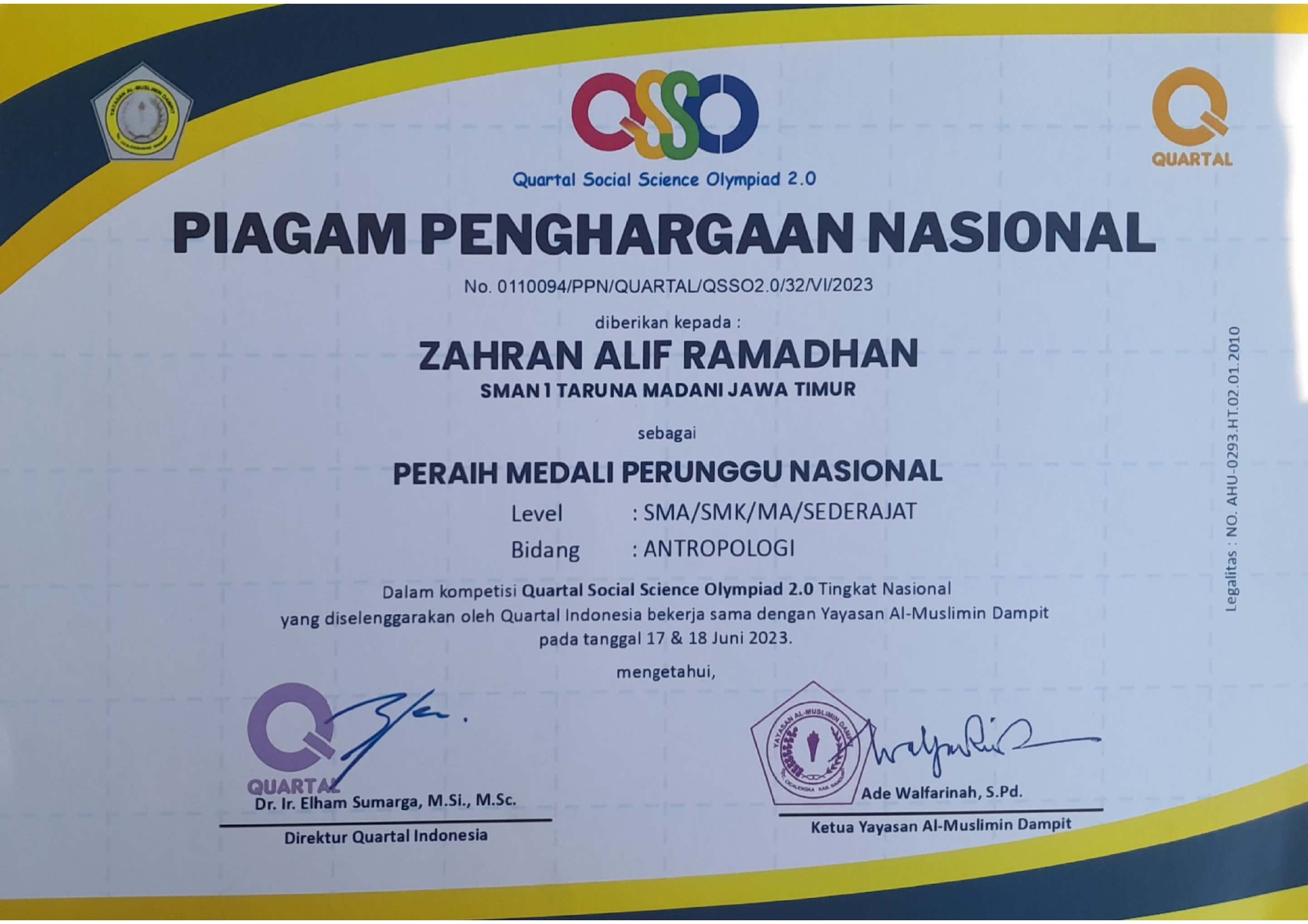 Peraih Medali Perunggu Nasional Quartal Social Science Olympiad 2.0 Mapel Antropologi Level SMA/SMK/MA/Sederajat