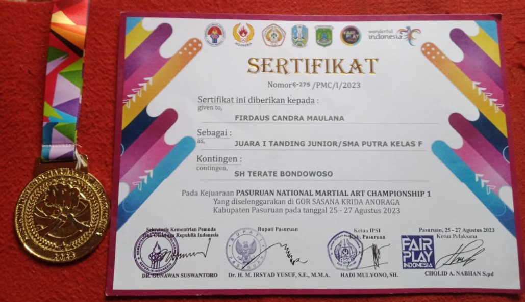  Juara 1. Tanding Junior/SMA Putra Kelas F, Pada Kejuaraan , Kabupaten Pasuruan pada Tanggal 25-27 Agustus 2023