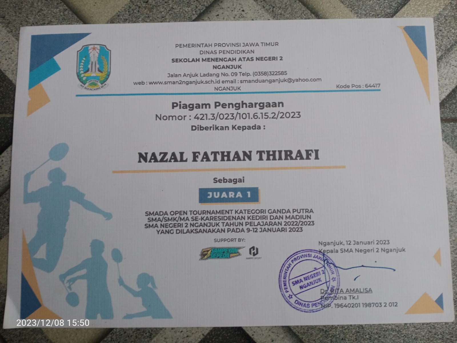 JUARA 1 SMADA OPEN TOURNAMENT KATEGORI GANDA PUTRA SMA/SMK/MA SE-KARESIDENAN KEDIRI DAN MADIUN