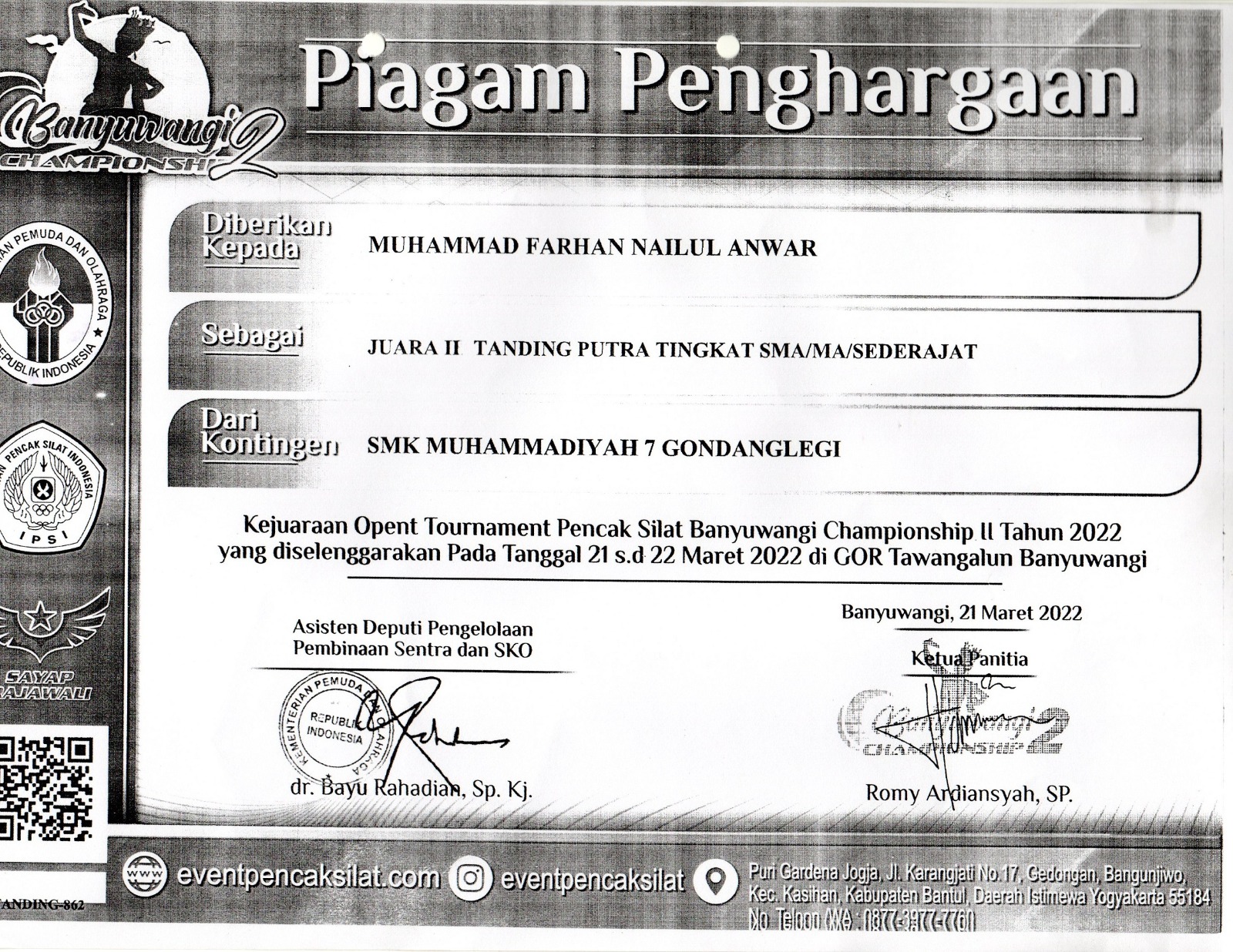 juara 3 Tanding Putra tingkat SMK Kejuaraan Open Tournament Pencak Silat Banyuwangi Championship 2022