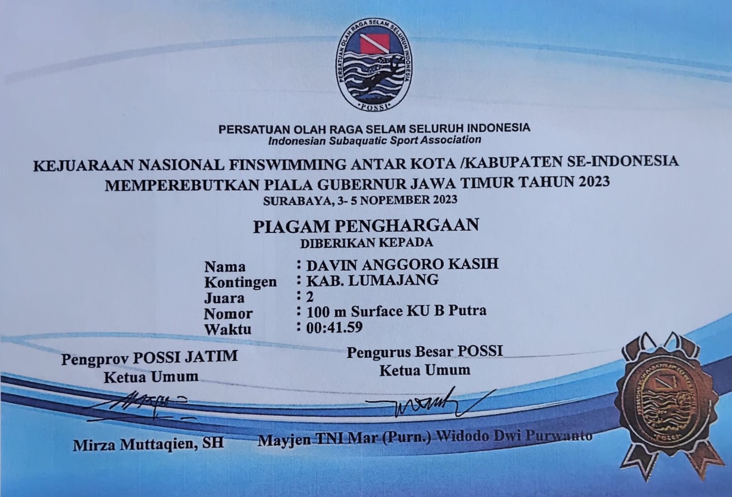 Kejuaaraan Nasional Finswimming  100 m Surface KU B Putra Antar Kota/ Kabupaten Se- Indonesia Piala Gubernur Jawa Timur