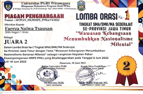 Lomba Orasi Kebangsaan Universitas PGRI Wiranegara Pasuruan 2022 Tingkat SMA se-Jawa Timur