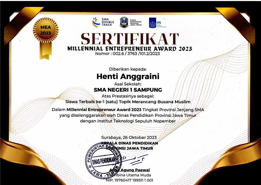 Siswa Terbaik ke 1 Topik Merancang Busana (Millenial Enterpreneur Award  2023)