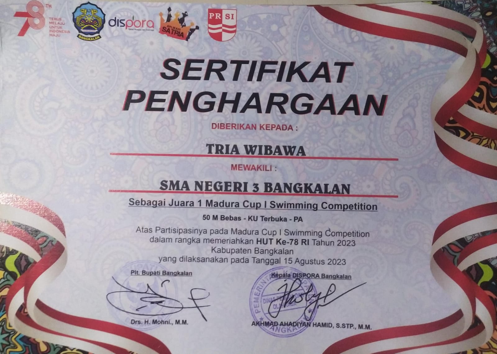 JUARA 1 MADURA CUP I SWIMMING COMPETITION 50 M GAYA BEBAS