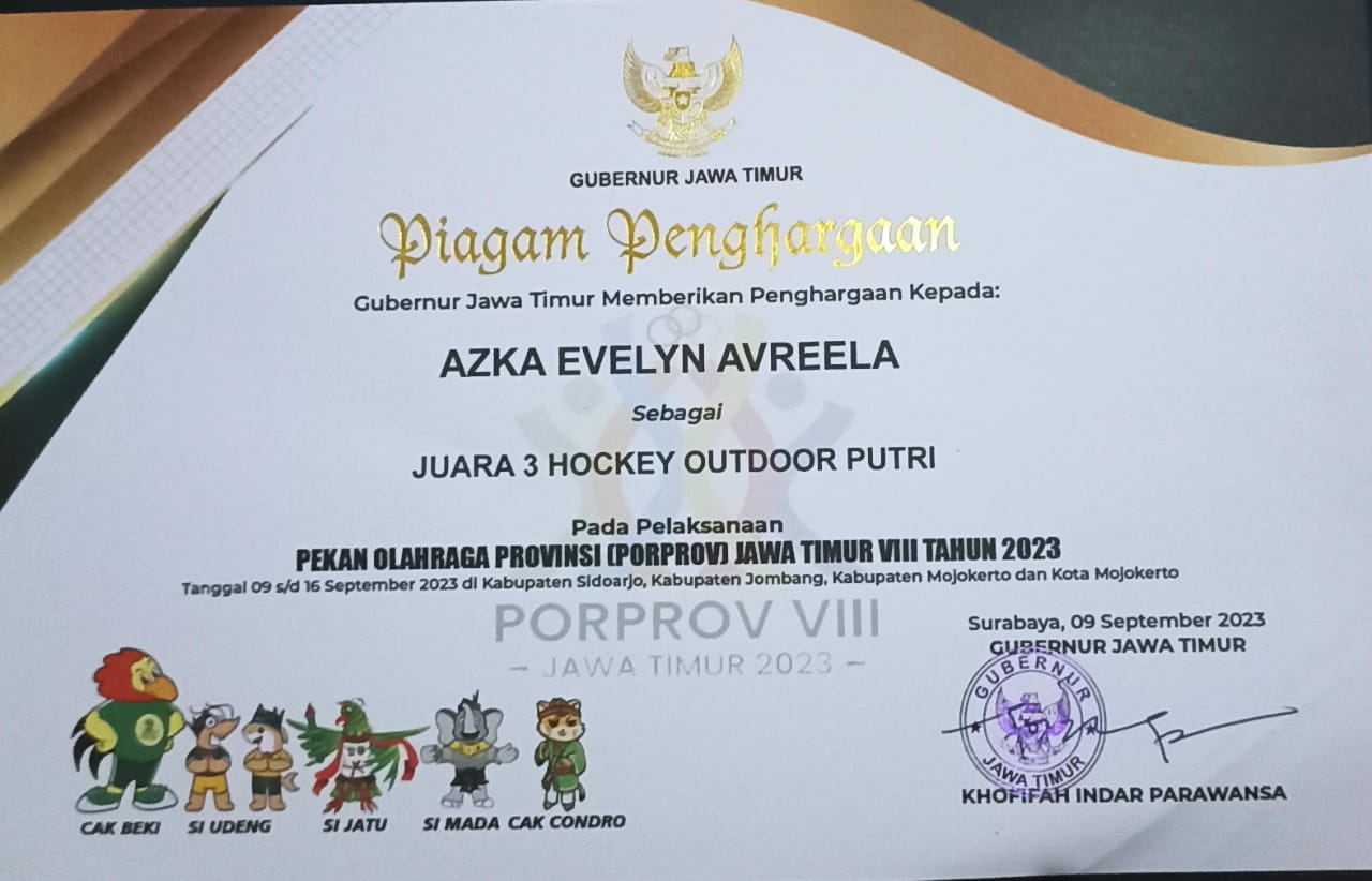 JUARA 3 HOCKEY OUTDOOR PUTRI DALAM RANGKA PEKAN OLAHRAGA PROVINSI (PORPROV) JAWA TIMUR VIII TAHUN 2023