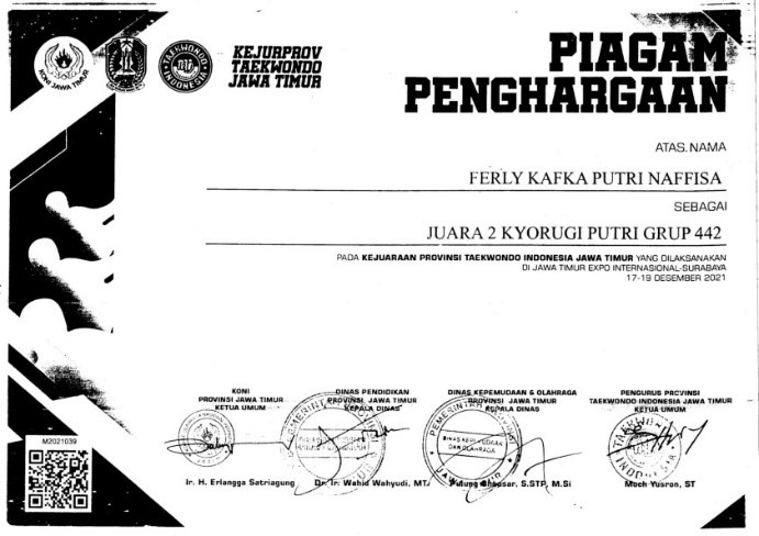 Juara 2 Kyorugi Putri Grup 442 Pada Kejuaraan Provinsi Taekwondo Indonesia Jawa Timur Yang Dilaksanakan Di Jawa Timur Expo Internasional Surabaya 17-19 Desember 2021 