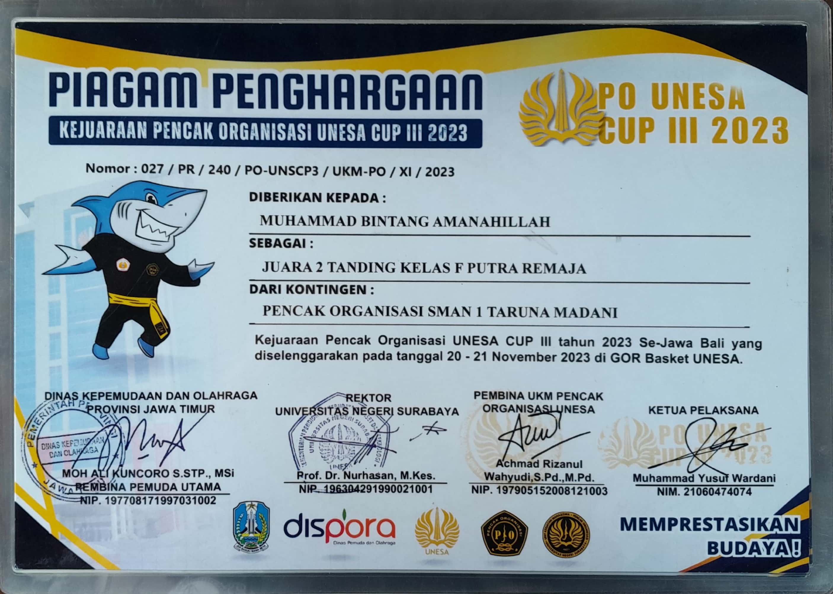 Juara 2 Tanding Kelas F Putra Remaja dalam Kejuaraan Pencak Organisasi UNESA Cup III tahun 2023 Se-Jawa Bali