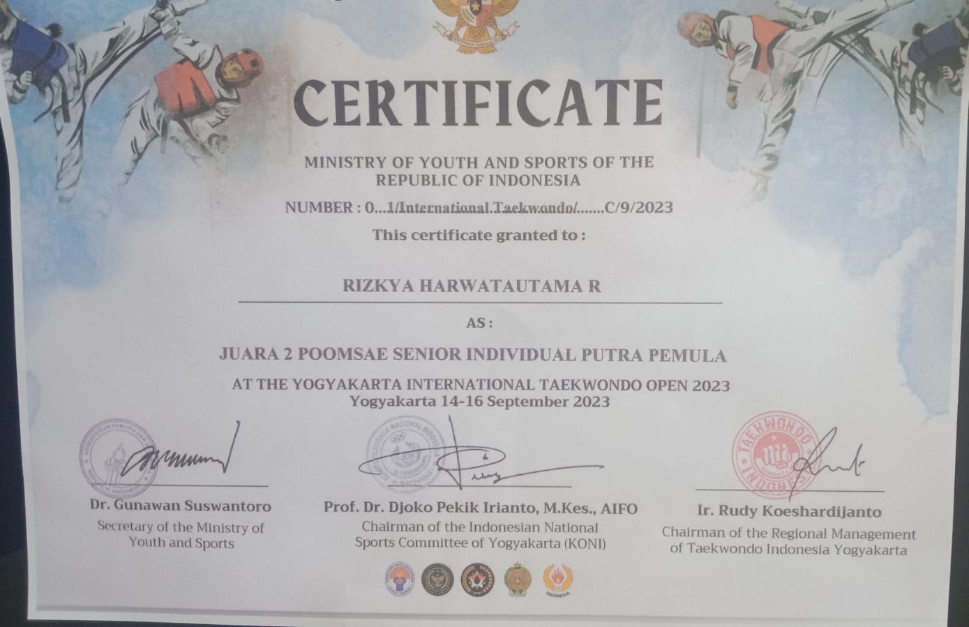 Ministry of Youth and Sports of the Republic of Indonesia At The Yogyakarta Internasional Taekwondo Open 2023 Poomsae Senior Individu Putra Pemula