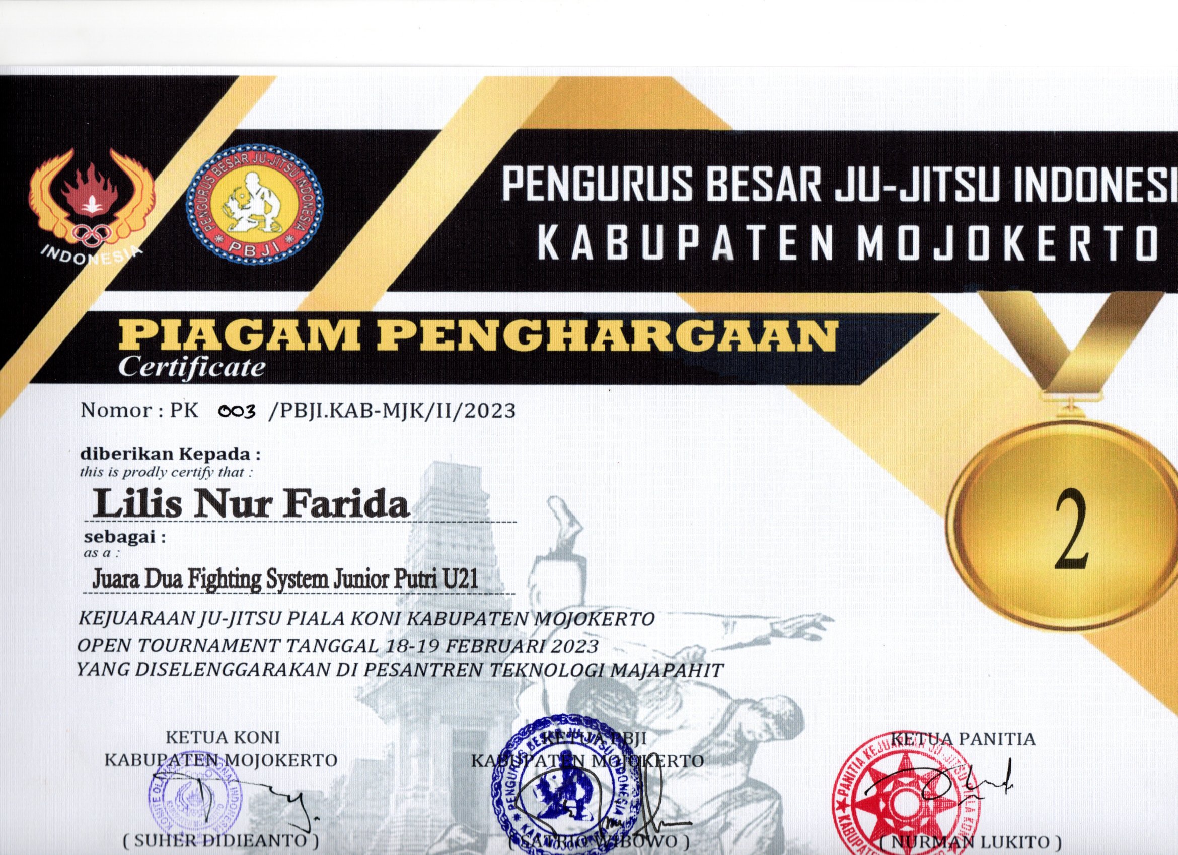 JUARA 2 FIGHTING SYSTEM JUNIOR PUTRI  U21 PIALA KONI