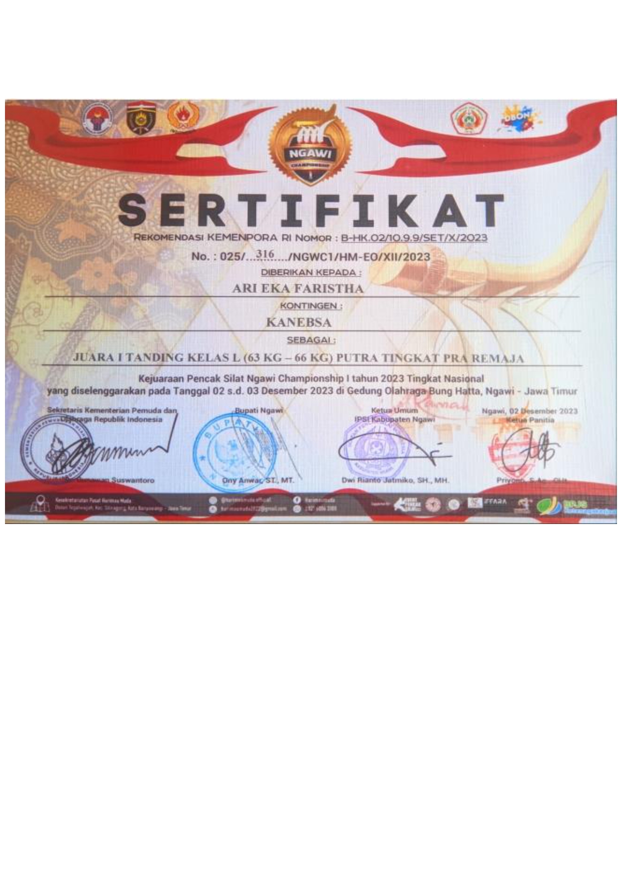 KEJUARAAN NGAWI CHAMPIONSHIP I Tk. NASIONAL - TANDING KELAS 63 KG PA