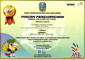 juara ke 1 Lomba Kompetensi Siswa Tingkat Propinsi JATIM bidang lomba Web Technology Tahun 2023