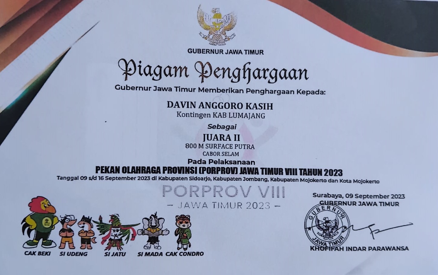 Pekan Olahraga Provinsi (PORPROV) Jawa Timur VIII Cabor Selam 800 m Surface Putra