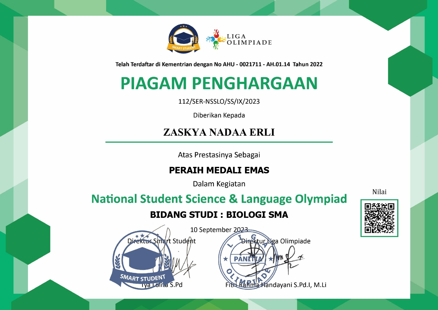 National Student Science & Language Olympiad bidang studi Biologi SMA 