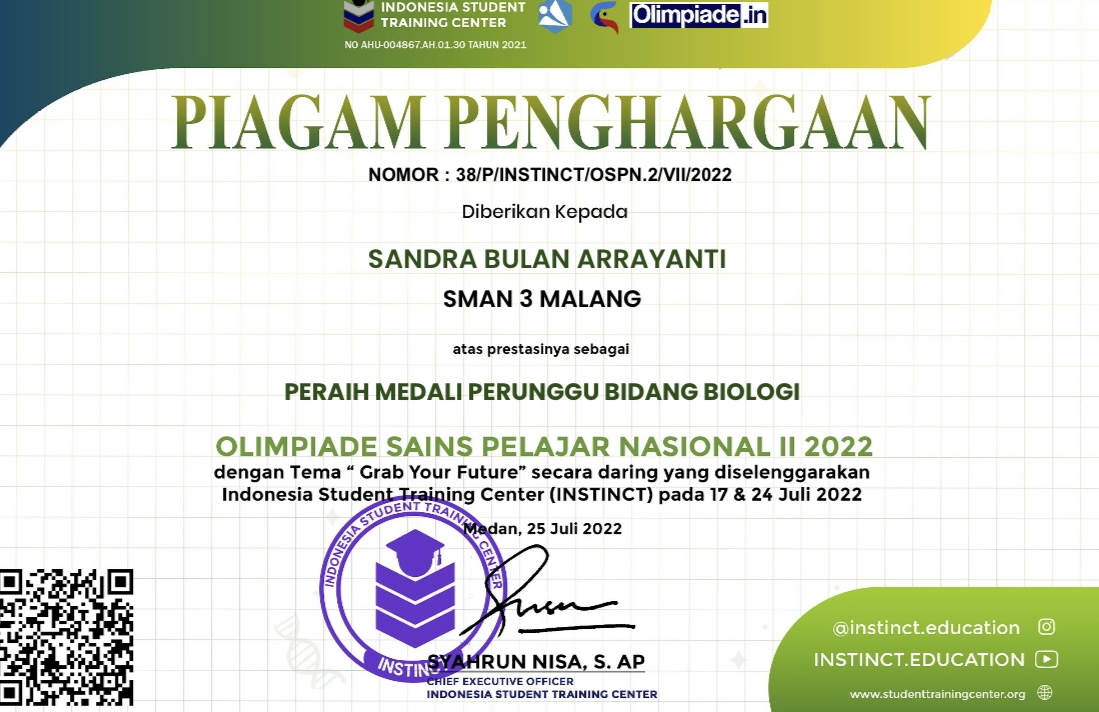 MEDALI PERUNGGU BIDANG BIOLOGI OLIMPIADE SAINS PELAJAR NASIONAL II