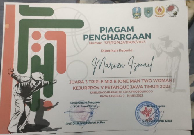 Triple Mix B , KEJUPROV V PETANQUE Jawa Timur 2023. Diselenggarakan di kota Probolinggo pd tgl 9 â€“ 14 Mei 2023