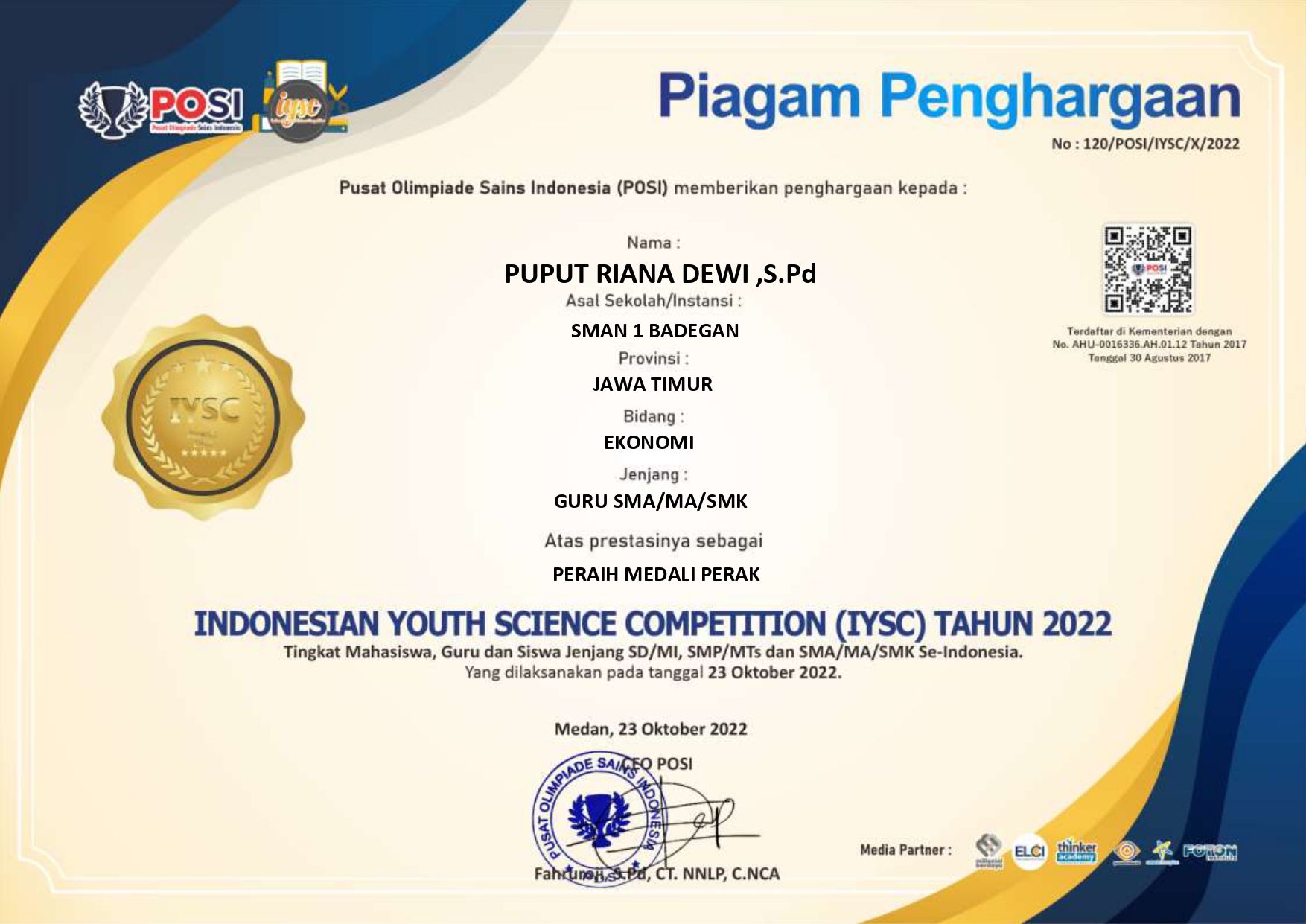 INDONESIAN YOUTH SCIENCE COMPETITION (IYSC) TAHUN 2022 TINGKAT GURU SMA/MA/SMK SE -INDONESIA