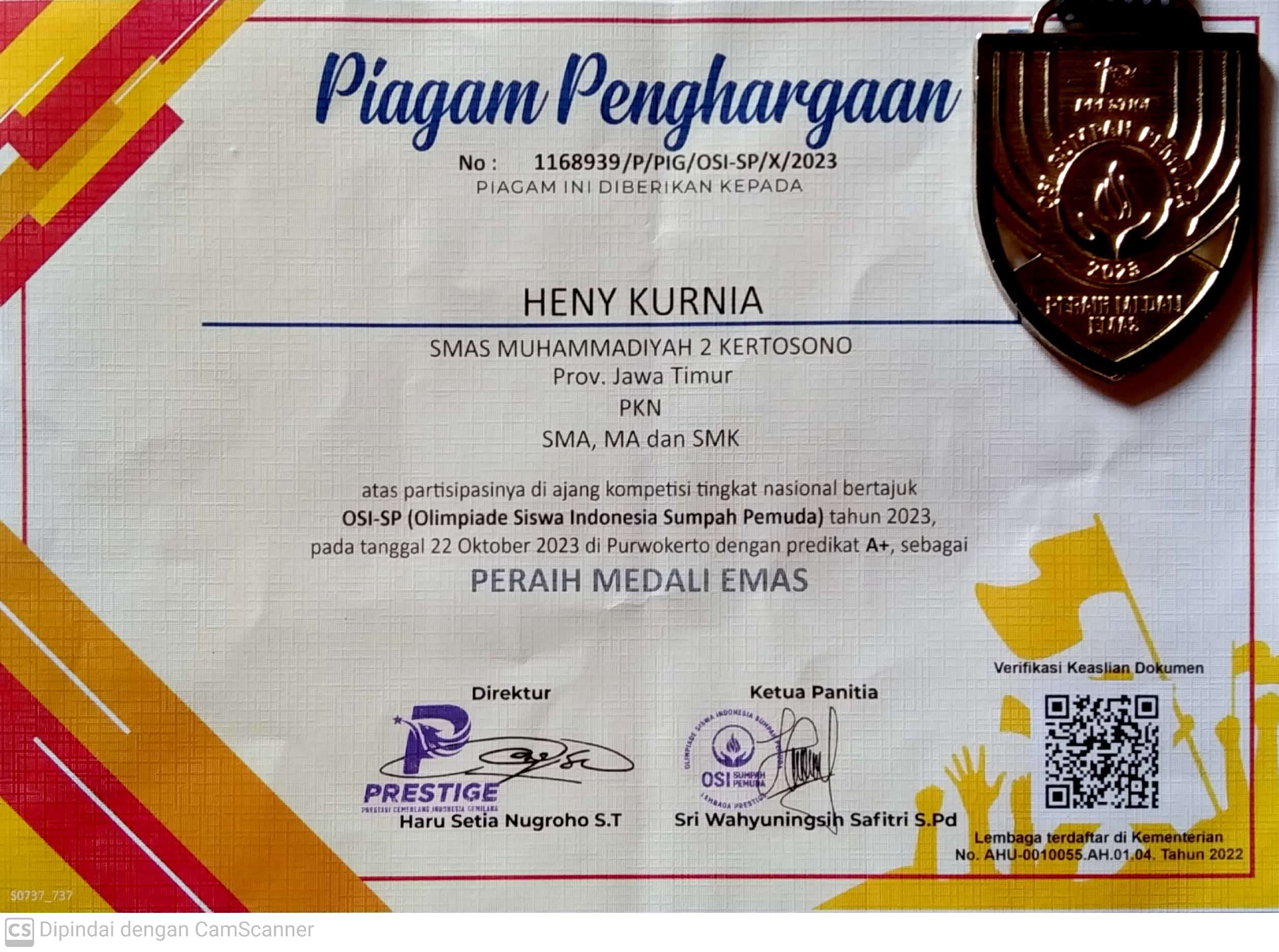 Juara 1 Lomba PKN dalam Ajang Olompiade Siswa Indonesia Sumpah Pemuda