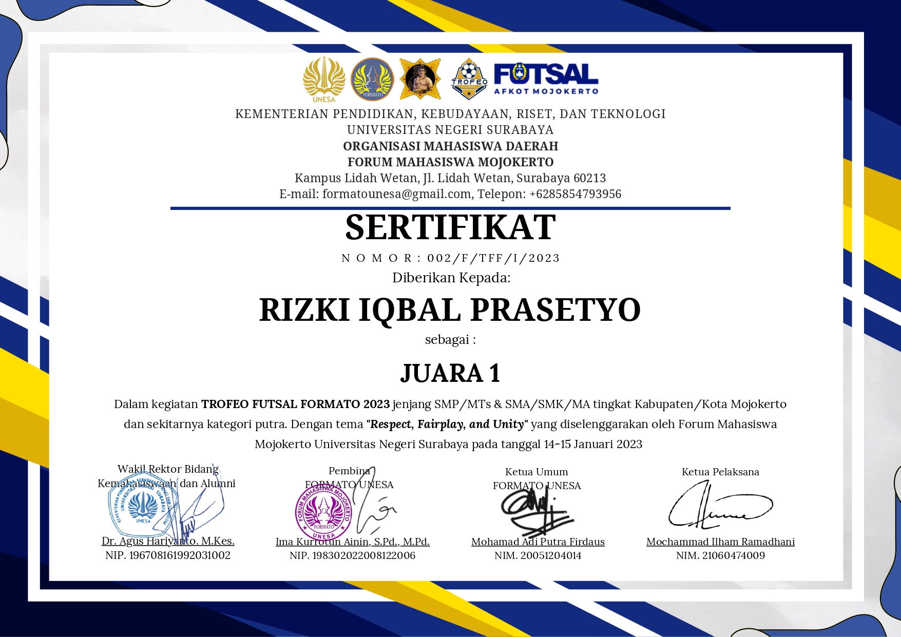 JUARA 1 TROFEO FUTSAL FORMATO