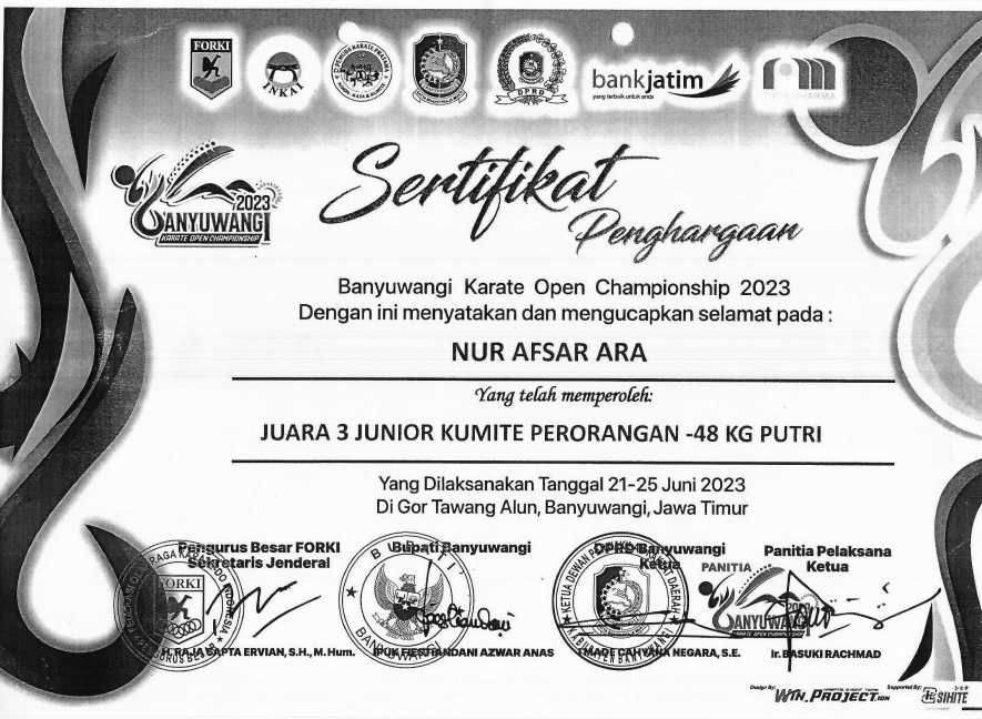 JUARA 3 JUNIOR KUMITE PERORANGAN -48 KG PUTRI