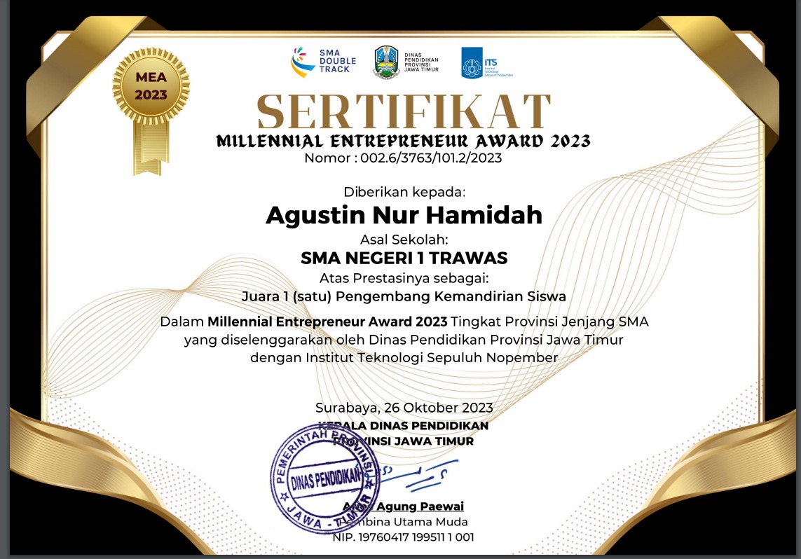 Juara 1 Pengembang Kemandirian Siswa dalam Millennial Entrepreneur Award 2023 Tingkat Provinsi Jenjang SMA