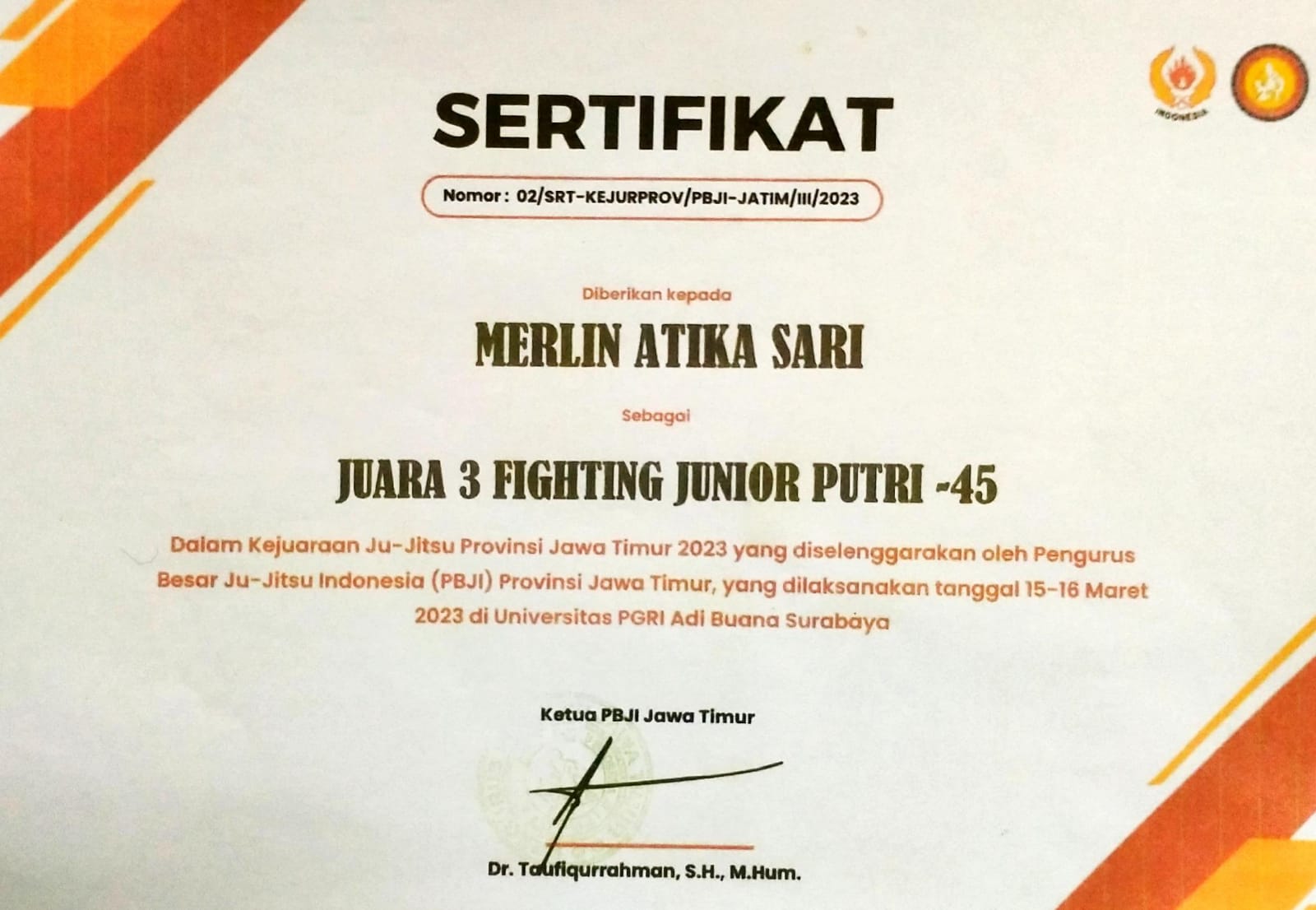 KEJUARAAN JU-JITSU PROVINSI JAWA TIMUR 2023 (FIGHTING JUNIOR PUTRI-45)