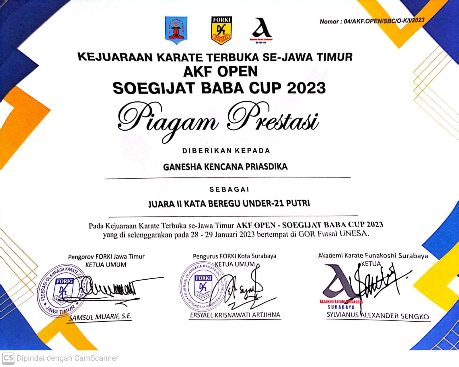 Juara 2 Kata Beregu Under -21 Putri AKF Open Soegijat Baba Cup 2023