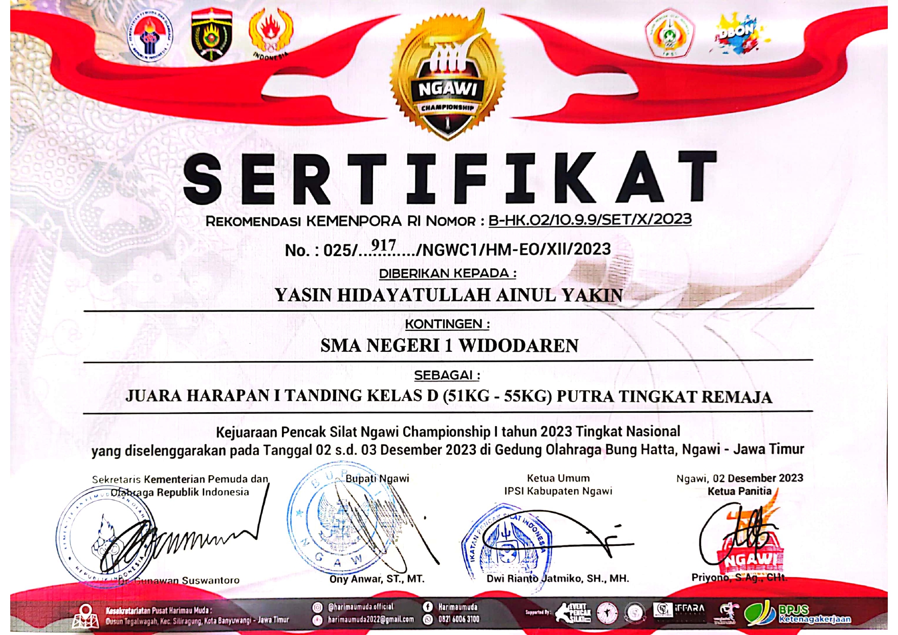 JUARA HARAPAN 1 TANDING KELAS D (51KG-55KG) PUTRA TINGKAT PERTAMA KEJUARAAN PENCAK SILAT NGAWI CHAMPIONSHIP I 2023