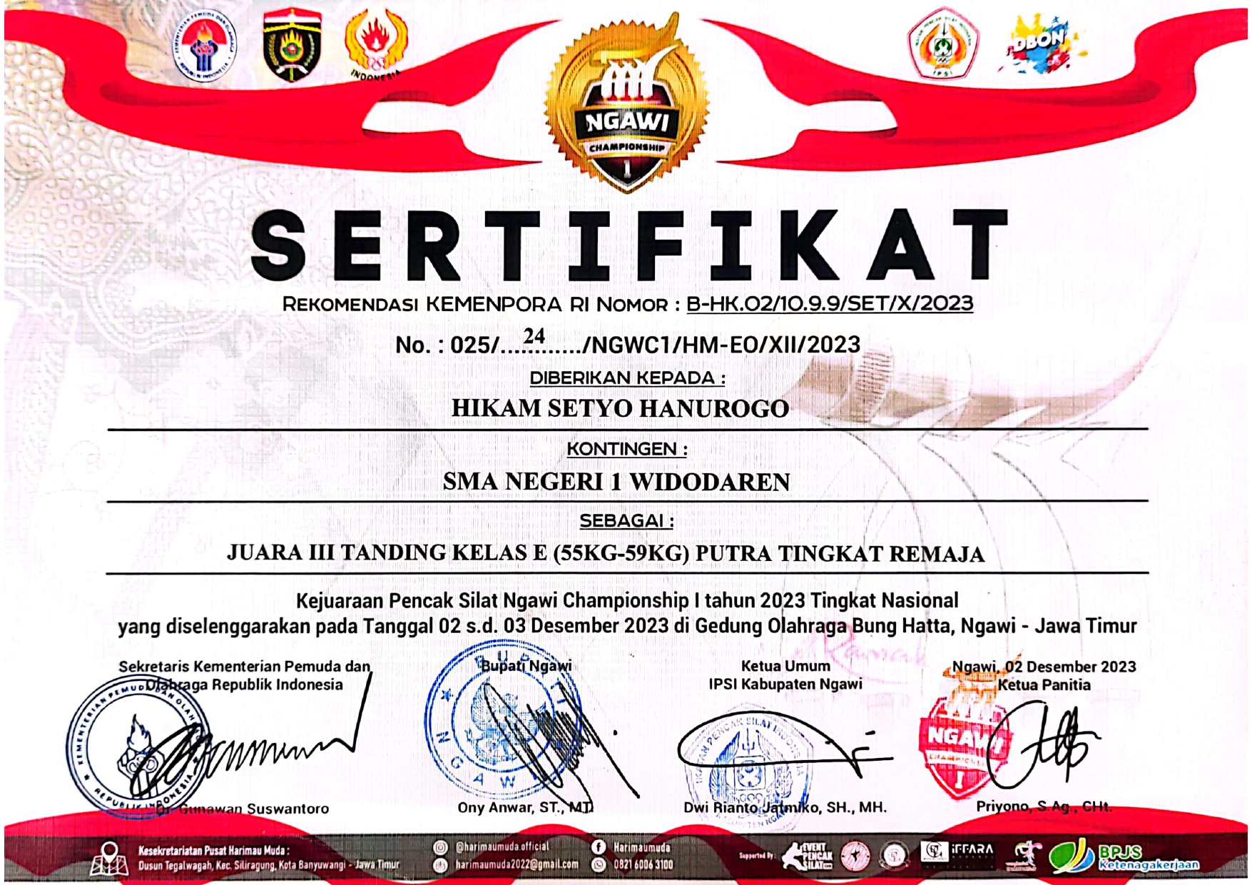 JUARA 3 TANDING KELAS E (55KG-59KG) PUTRA TINGKAT PERTAMA KEJUARAAN PENCAK SILAT NGAWI CHAMPIONSHIP I 2023