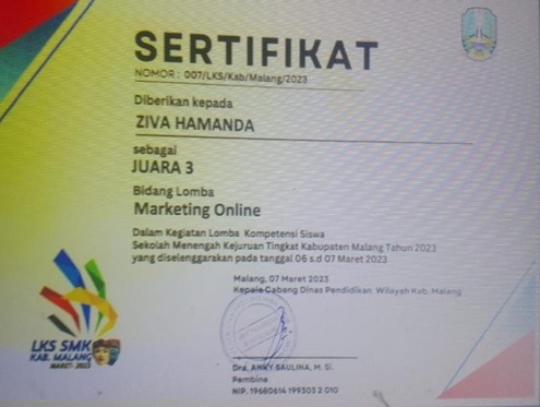 Juara 3 LKS Tingkat Kab. Malang Kategori Marketing Online Tahun 2023