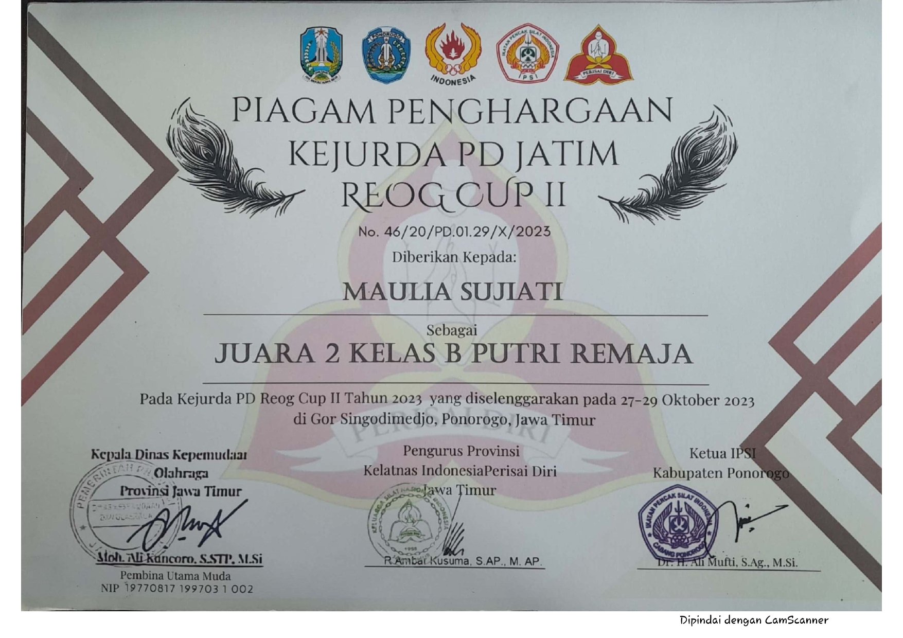 Juara 2 Kelas B Putri Remaja pada Kejurda PD Reog Cup II tahun 2023