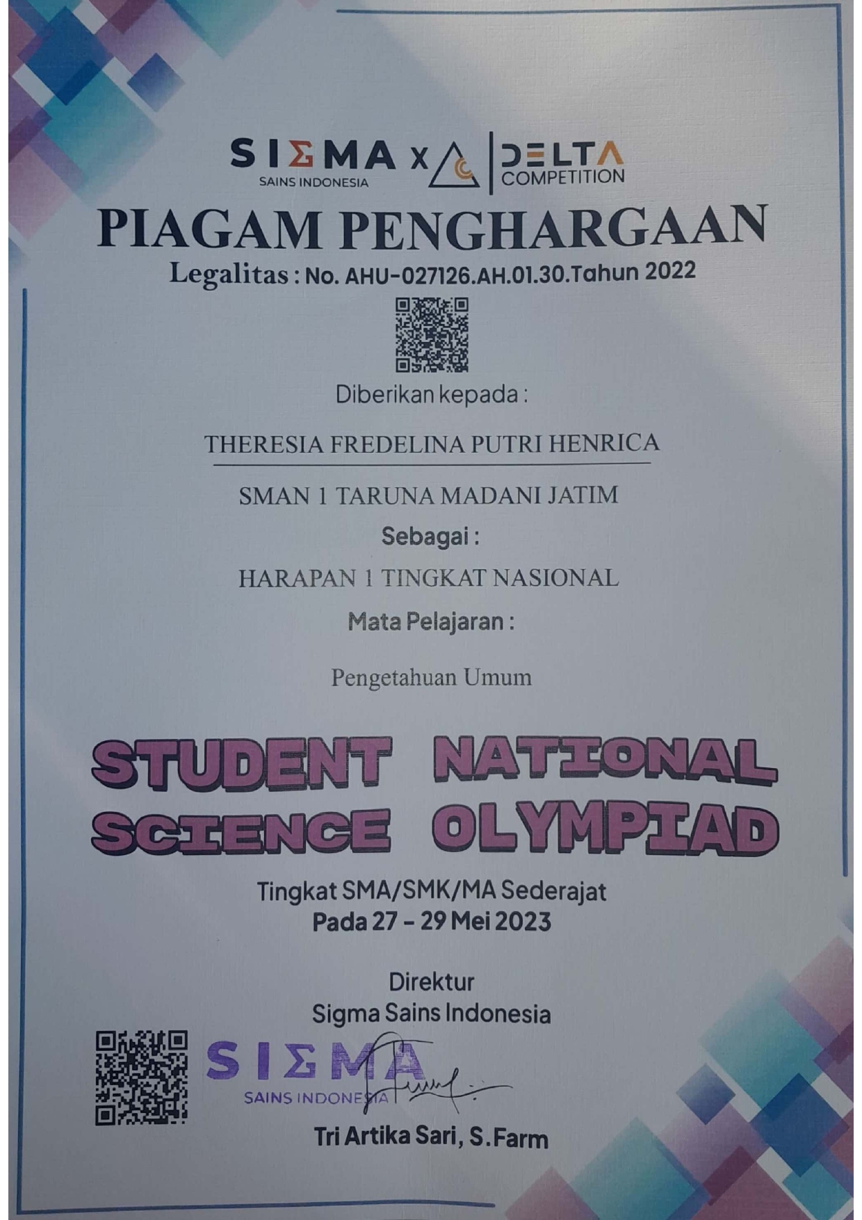 Harapan 1 Tingkat Nasional mapel Pengetahuan Umum dalam Student National Science Olympiad