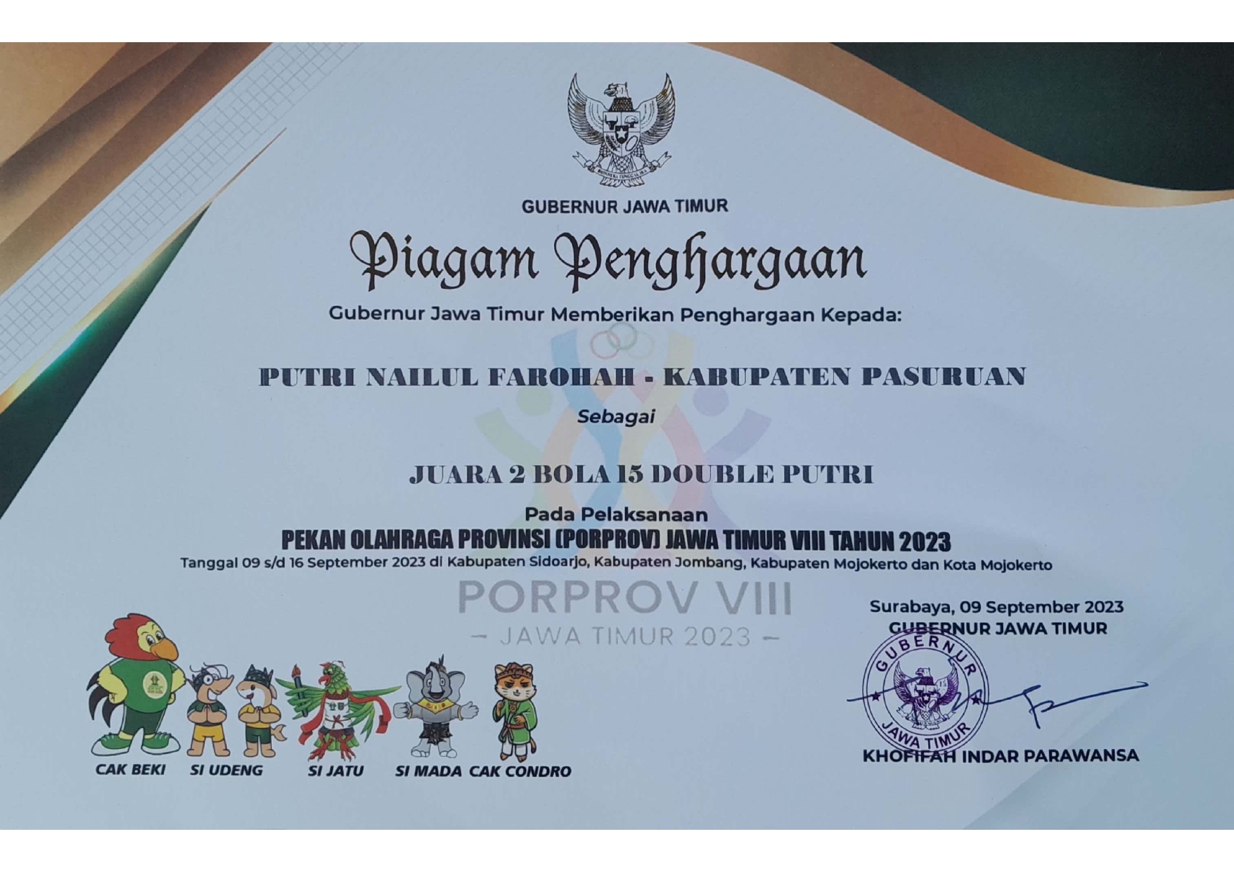 Juara 2 Bola 15 Double Putri dalam Pekan Olahraga Provinsi Jawa Timur VIII