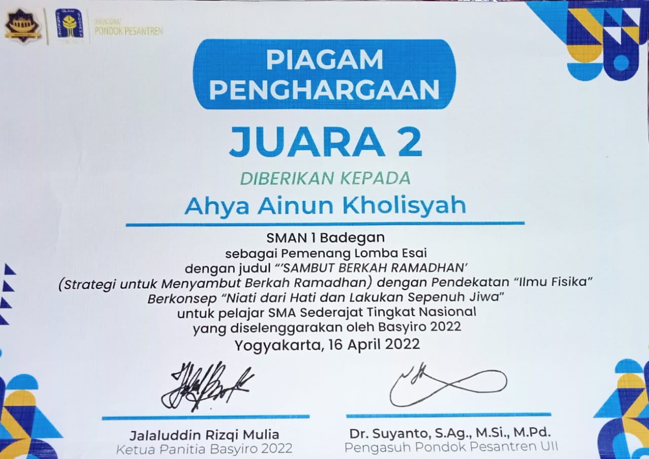 Juara 2 lomba essay pelajar SMA sederajat tingkat nasional pondok pesantren UII