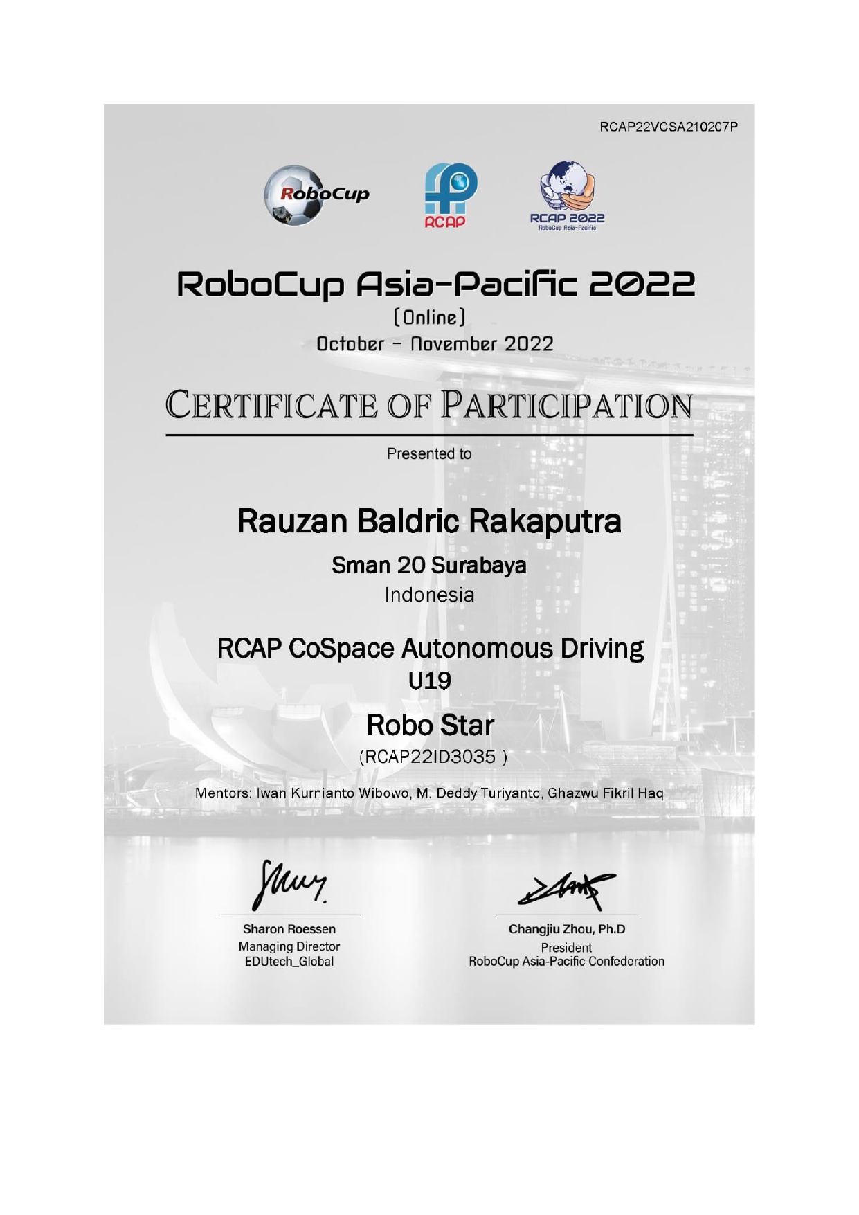 Juara 1 Kategori Co Space Autonomous Driving (Online) U19 RCAP (RoboCup Asian Pasific)Asian Region