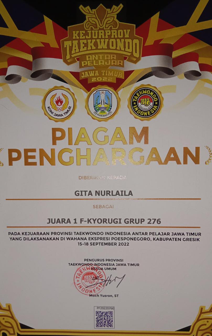 Juara 1 F-Kyorugi Grup 276 Kejurprov Taekwondo Indonesia Jawa Timur antar Pelajar