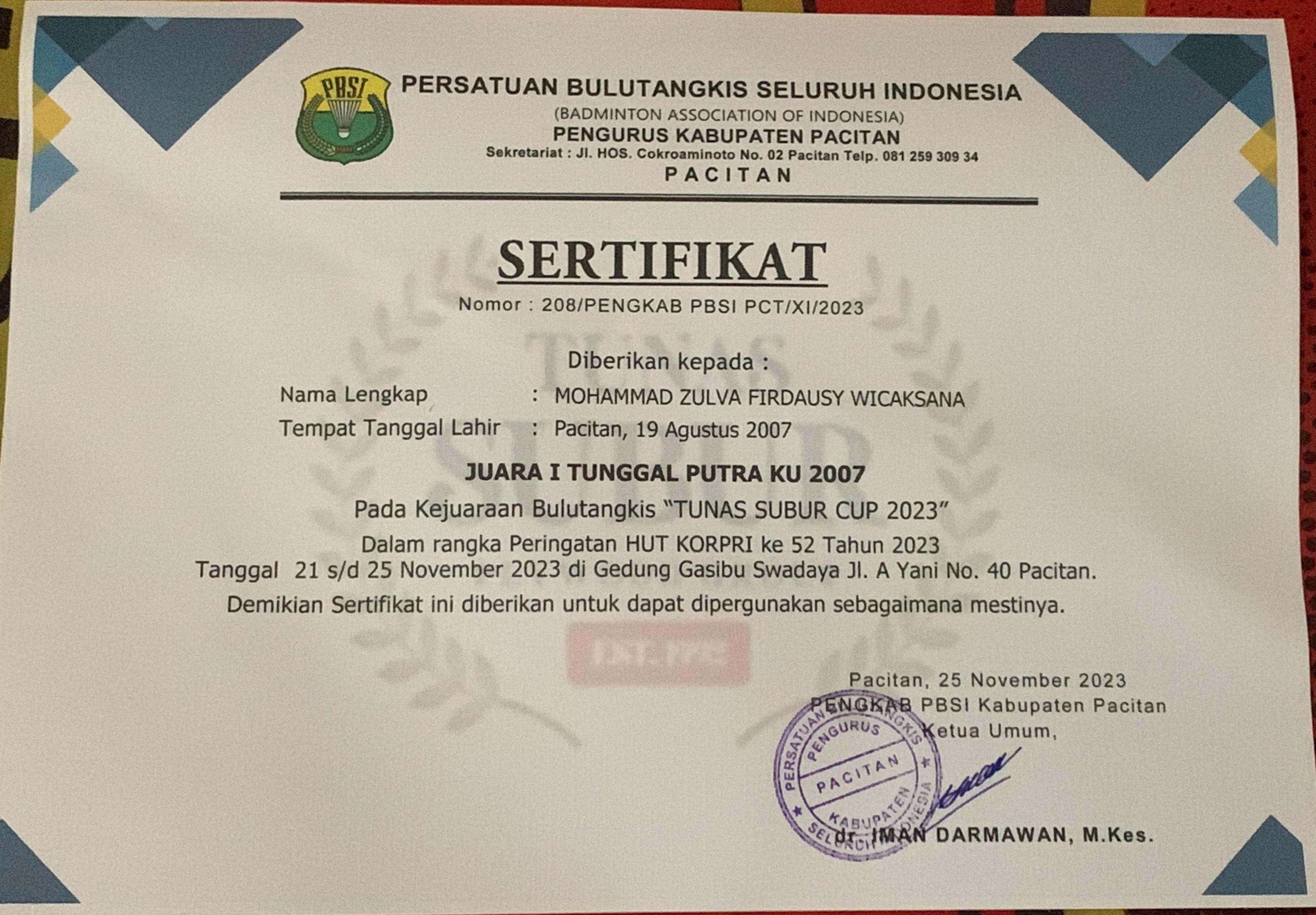 Kejauaran Bulutangkis KU 2007 Putra