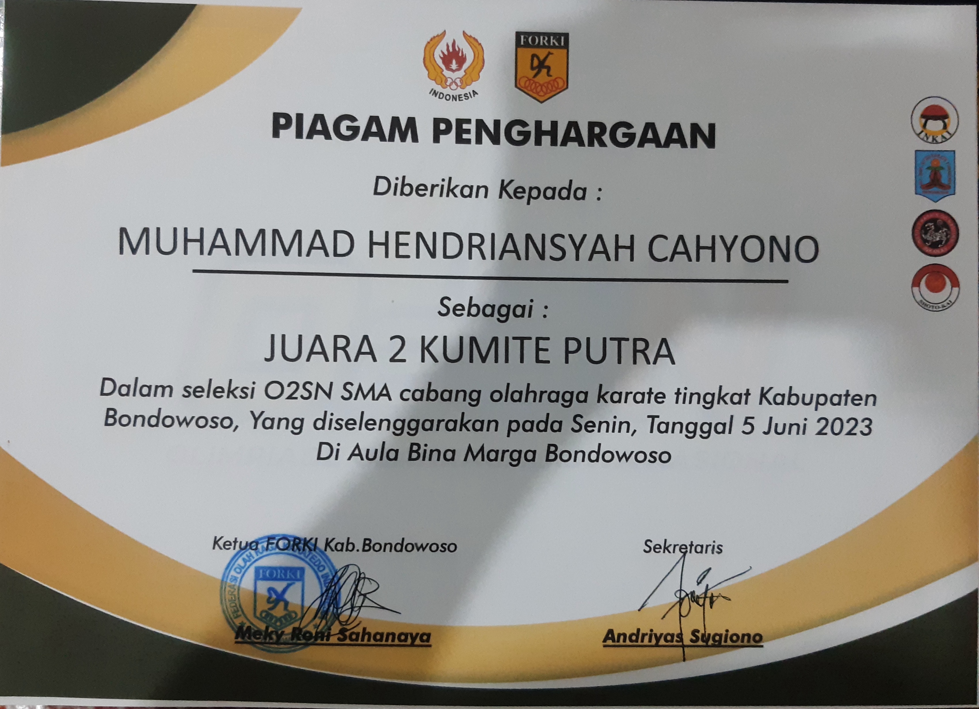 Olimpiade Olahraga Siswa Nasional (O2SN) Karate Kumite Putra Kabupaten Bondowoso