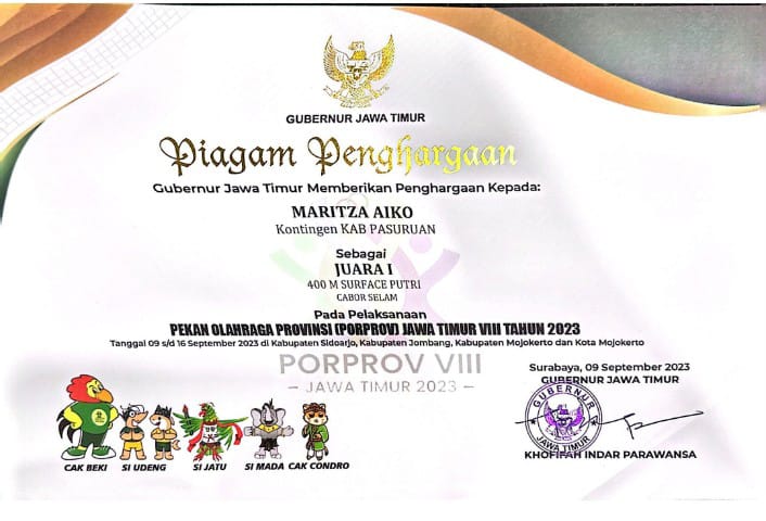 Juara 1 Pekan Olahraga Provinsi (Porprov) Jatim VIII tahun 2003 Cabor Selam Nomor 400 M Surface Putri