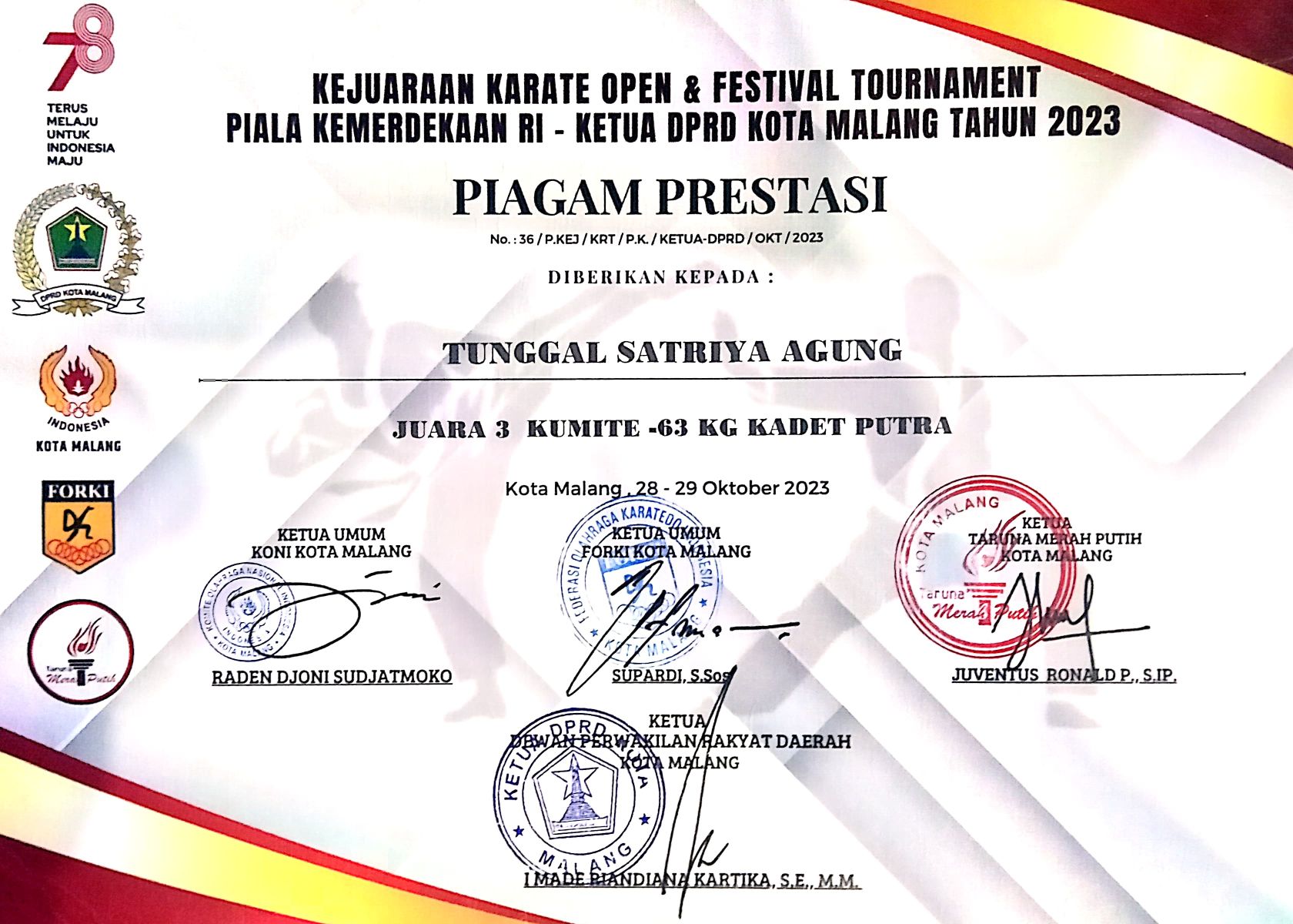 Piala Kemerdekaan RI, KUMITE -63 Kg Kadet Putra