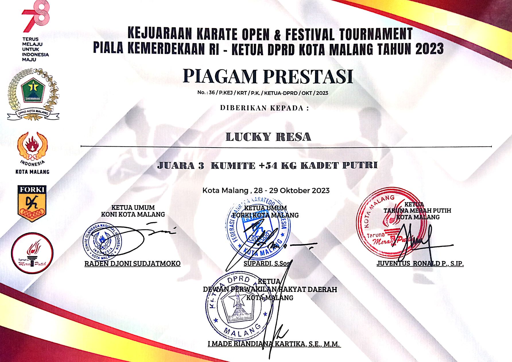 Piala Kemerdekaan RI, KUMITE -54 Kg Kadet Putri