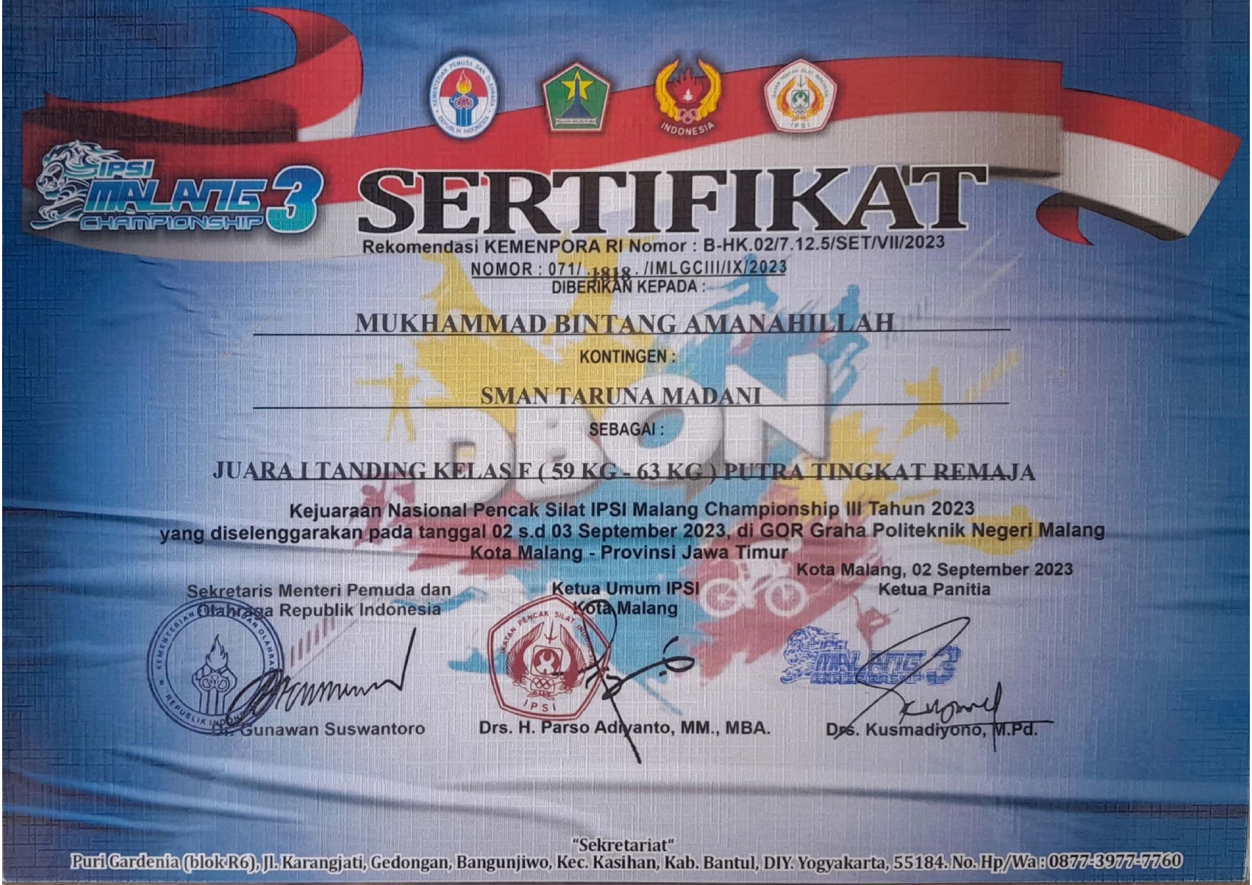 Juara I Tanding Kelas F Putra Tingkat Remaja dalam Kejuaraan Nasional Pencak Silat 