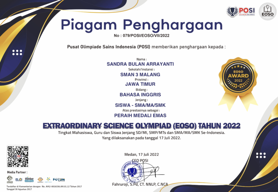 JUARA 2 MEDALI EMAS BIDANG BAHASA INGGRIS EXTRAORDINARY SCIENCE OLYMPIAD