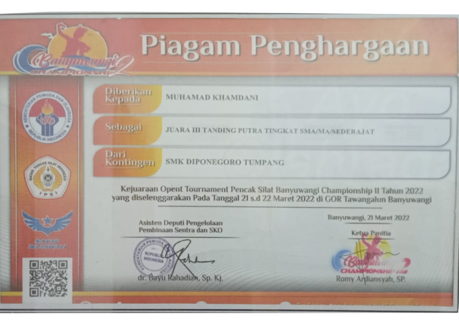 JUARA 3 TANDING PUTRA TINGKAT SMA/MA SEDERAJAT