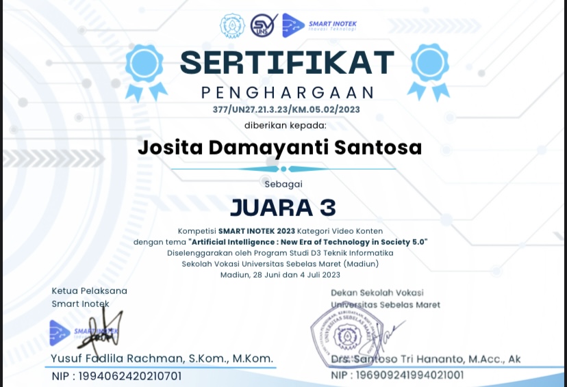 JUARA 3 LOMBA VIDEO KONTEN â€œARTIFICIAL INTELLIGENCEâ€ TINGKAT NASIONAL TAHUN 2023 